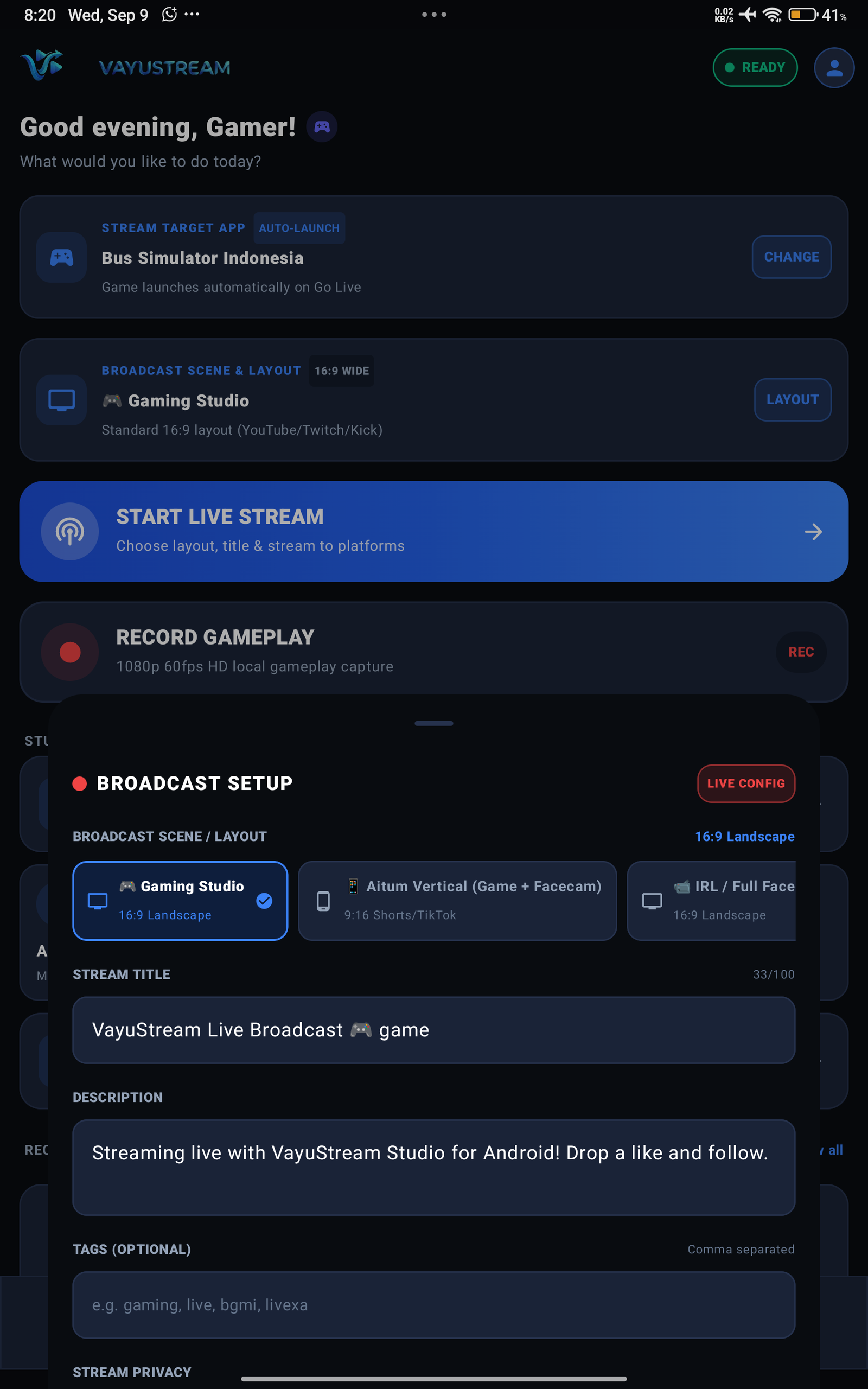 Go Live Broadcast Settings