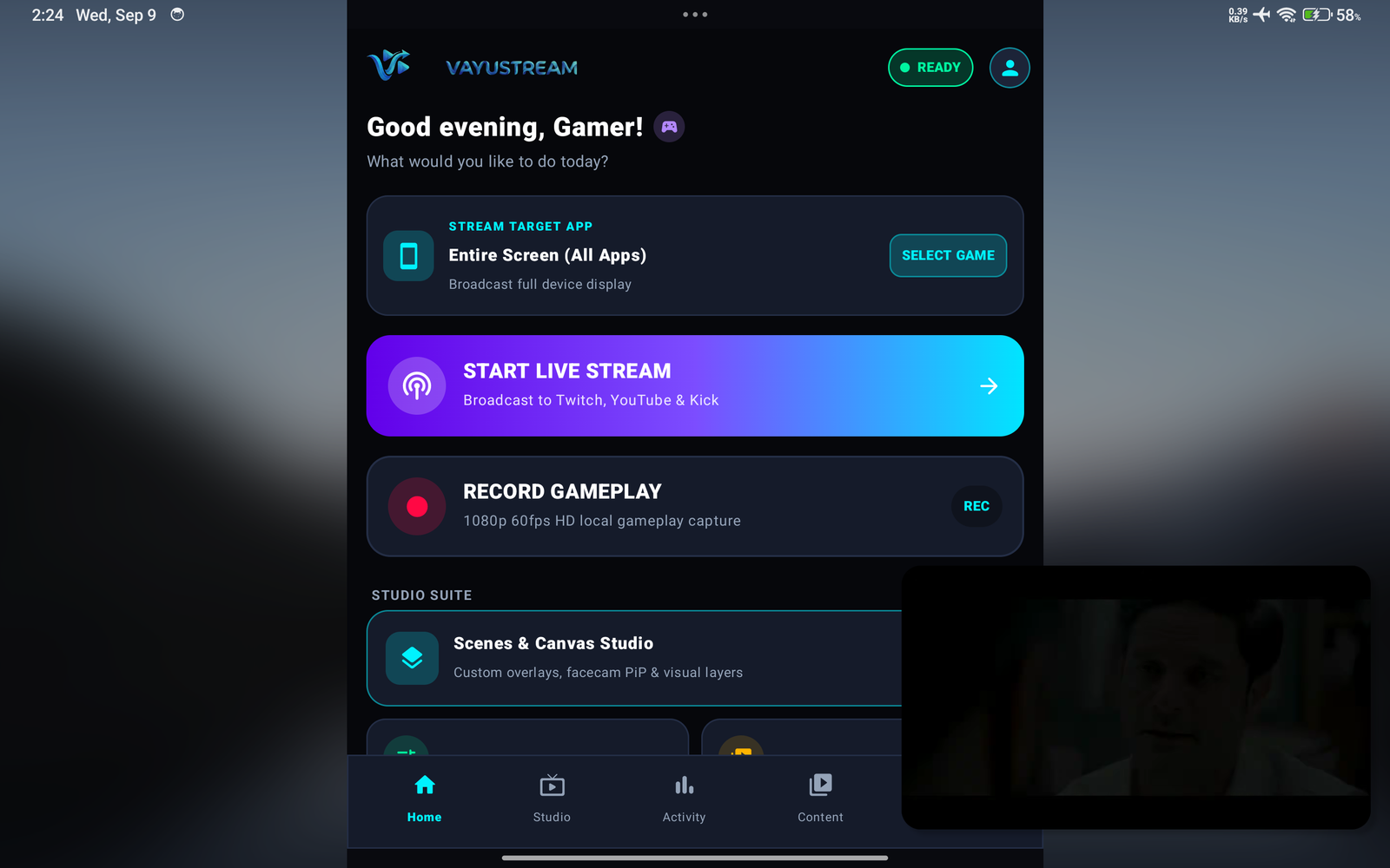 VayuStream Studio Dashboard